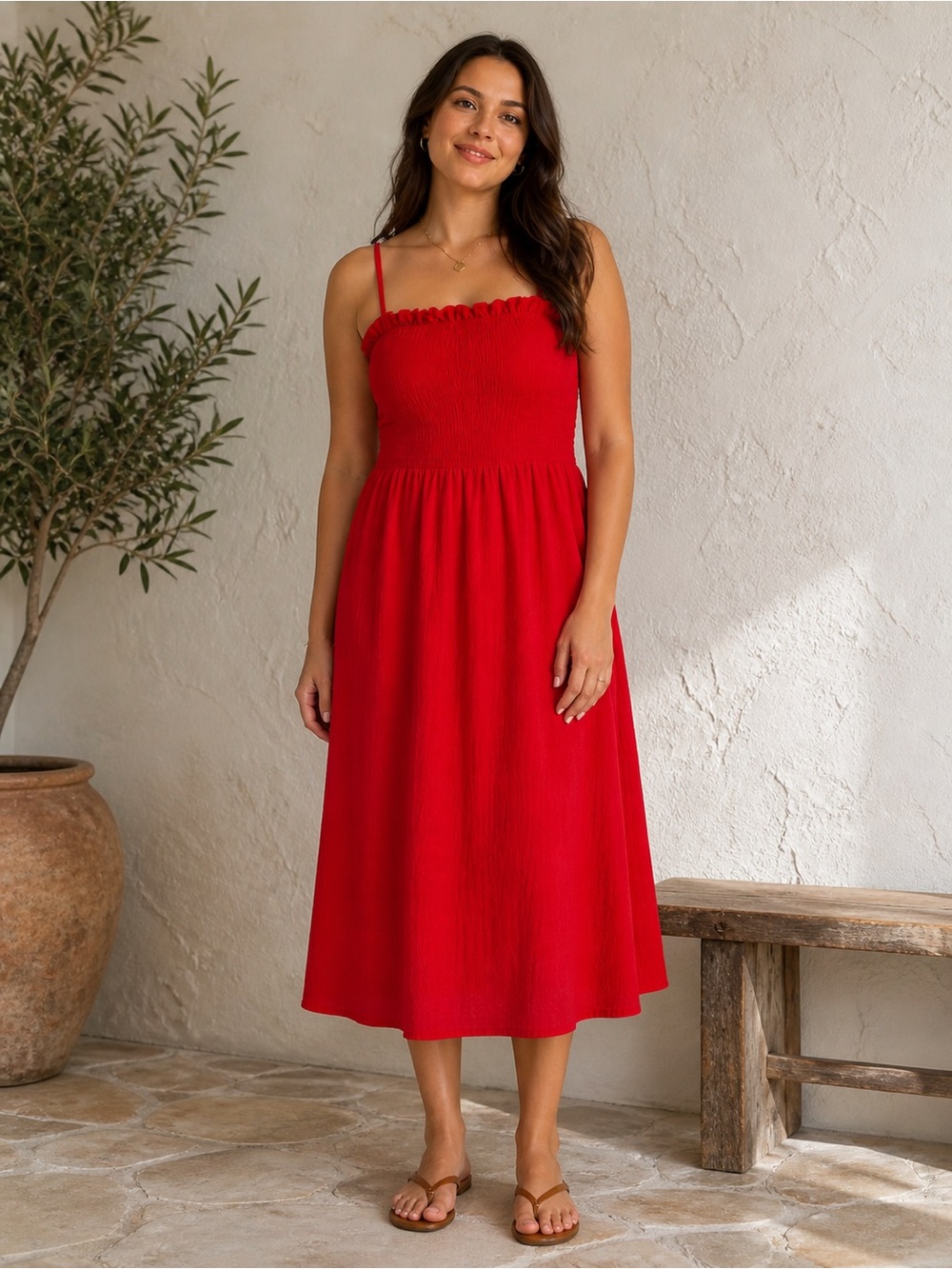 H&M Red Smocked Midi Dress XL Adjustable Straps Flowy Summer NWOT